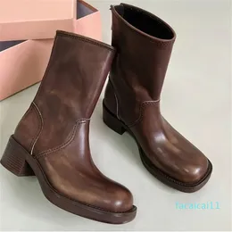 designer Boots women tall boots designer shoes y2k style brown leather biker boot round toe chunky heel Martin boots belt buckle trim