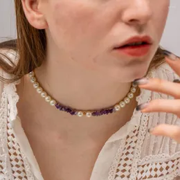 Choker ALLME Retro Lila Unregelmäßige Kristall Naturstein Strang Halskette Frauen Titan Stahl Süßwasser Perle