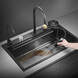 Boyut siyah gri şelale nano mutfak lavabo yıkama havzası tek kase topmount undermount mutfak lavabo musluk tahliyesi