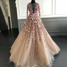 Hada 3D Flores florales Vestidos de baile Escote largo transparente Flores hechas a mano Tul Manga larga Vestido de noche elegante Princesa de tul Par2456