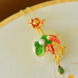 Chains In Light Luxury Fresh Pastoral Style Lotus Leaf Goldfish Necklace Ancient Gold Craft Round Enamel Pendant Jewelry Gift