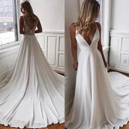 Deep V Neck Satin A Line Summer Beach Wedding Dresses Tulle Lace Applique Beaded Sweep Train Bridal Wedding Gowns BC2369240J