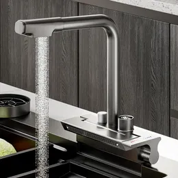 Waterfall Kitchen Faucet Pull-Out Brass Temperature Digital Display Big Hot Cold Sink Water Tap Rotation Single Hole Faucet