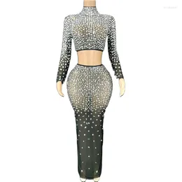 Scene Wear Women Sexig Sparkly Rhinestones Top Long Kjol Transparent Stretchy Two Pieces Set Celebrate Evening Prom Gown Birthday Dress