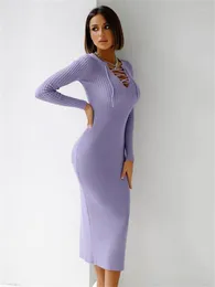 Vestidos Casuais WJFZQM Feminino Outono Vestido De Malha Com Canelas Decote em V Manga Comprida Cordão Suéter Sexy Bodycon Malha Inverno Quente