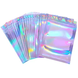 wholesale 100 Pieces Resealable Smell Proof Bags Foil Pouch Bag Flat laser color Packaging Bag for Party Favor Food Storage Holographic LL