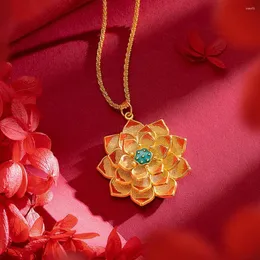 Pendant Necklaces Women Chain Big Lotus Flower Real 18k Gold Color Pretty Fashion Jewelry Gift