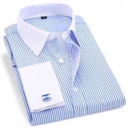 Camicie casual da uomo di alta qualità a righe per uomo gemelli francesi Camicie eleganti casual maniche lunghe colletto bianco design camicia da smoking da sposa 6XL 230804