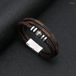 Charm Bracelets Dual Color Leather Rope Men's Bracelet Multi Layer Alloy Magnetic Snap Buckle Fashion Accessories