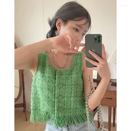 Women's Tanks U Neck Fringe Single Breasted Tweed Vest Korean Tops & Tees Sexy Sleeveless Camis Plaid Shirt Women Sweet Blouse