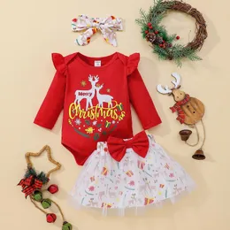 Clothing Sets 3Pcs Born Baby Girl Clothes Set Long Sleeve Top 3 6 9 12 18 24 Christmas Mesh Bowknot Romper Skirt Children's Infant Outfit