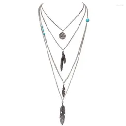 Chains IHUES Vintage Fashion Multi Layer Feather Charm Necklaces For Women Turquoise Leaf Long Chain Party Wedding Decoration