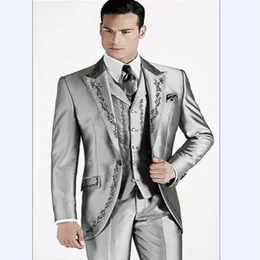 Alta qualità One Button Shiny Silver Embroidery Smoking dello sposo Peak Risvolto Abiti da uomo 3 pezzi Wedding Prom Blazer Jacket Pants Vest260A