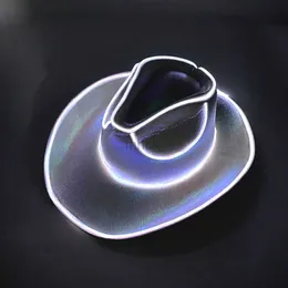 Party Hats Wireless Shiny Rolled Brim Cowboy Hat Fluorescent Party Props Luminous LED Cowboy Cowgirl Hat Flashing For Bridal Party HKD230807