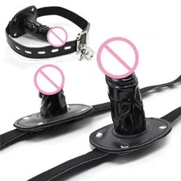 Massaggiatore Spina per pene in silicone Dildo Bocca aperta Gag con fibbie di bloccaggio Imbracatura in pelle Bondage Bdsm Schiavo per coppia Gioco per adulti