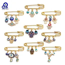 Pins Brooches Lucky Eye Fatima Hamsa Hand Blue Turkish Evil Eye Brooch Pin Gold Color Alloy Charm Brooch for Women Men Fashion Jewelry BE102 HKD230807