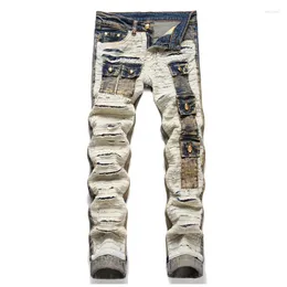 Jeans masculino Hi Street Calças rasgadas Lavadas Harakuju Hip Hop Streetwear Calças jeans patchwork com vários bolsos