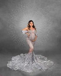 Vestidos Casuais Luxo Prateado Lantejoulas Longos Vestidos de Maternidade Sereia Decotes De Malha Transparente Brilhante Cristal Gravidez Mulheres Para Pografia