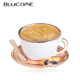 Pins Brooches Blucome Fashion Coffee Cup Spoon Disc Shape Brooches White Enamel Gold Color Brooch Pins Women Men Clothes Suit Coat Accessories HKD230807