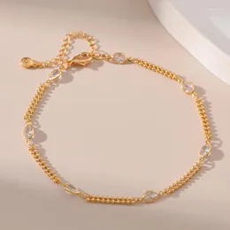 Anklets Simple Double Layer Round Beaded Chain Women 18k Gold Plated Metal Anklet With White Oval Crystal Daily Wear Jewelry