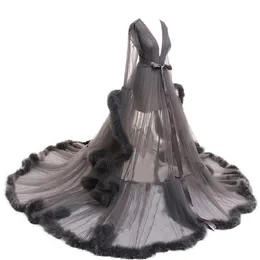 Roupa de Dormir Feminina Roupão de Banho de Penas Longo Vestido de Noiva de Casamento Camisola Perspectiva Transparente Pijama Maternidade1837