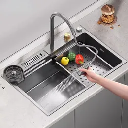 Fregadero de cocina en cascada, fregadero individual grande multifuncional de acero inoxidable Nano con escurridor, accesorios novedosos de cocina