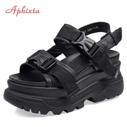 8cm 플랫폼 797 Aphixta Sandals 웨지 하이힐 신발 신발 여성 버클 가죽 캔버스 여름 Zapatos Mujer Wedges 여성 샌들 230807 S B S