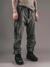 Calças masculinas estilo Waste Soil cintura média e femininas mesmas casuais funcionais corte desgastado macacão elástico retrô street