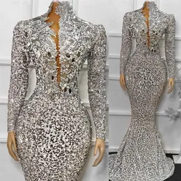 Afrykańskie srebrne cekiny syrena formalne sukienki wieczorowe 2022 z długimi rękawami Wysoka szyja plus iskierki z koralikami konkurs