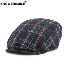 Berets Showersmile Check Beret Homens Verde Marinha Manta Flat Caps Masculino Britânico Vintage Cap Khaki Primavera Verão Mulheres Driver Ivy 230807