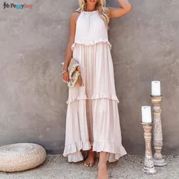 Casual Dresses Women Summer Tierred Dress Bohemian Style Ladies Oregelbundna solid färgärmlös semester semesterdräkt