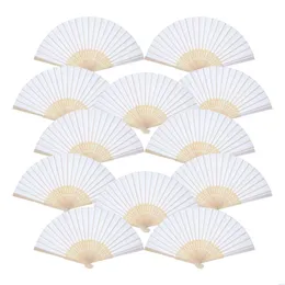 Fans Parasols 12 Pack Hand Held White Paper Fan Bamboo Folding Handheld Folded For Church Gift Party Favors Diy Drop Delivery Events Dhnnx