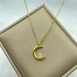 Kettingen Luxe Eenvoudige 18k Vergulde Roestvrij Stalen Maan Hanger Met Zirkoon Ketting Voor Vrouwen Sieraden