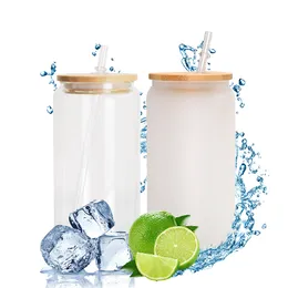 Blanks 16 oz de vidro lata Garrafa de água de suco transparente com tampa de bambu Plástico Sublimação DIY Caneca de leite para presente