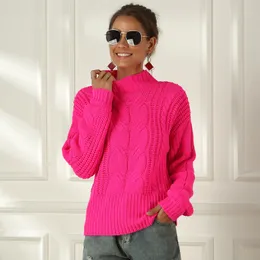 Kvinnors tröjor Neontröja Kvinnor Sticked Fuchsia Pink Solid Half Turtleneck Pullovers Long Casual Loose Knitting Shirts Female Hoppers 230807