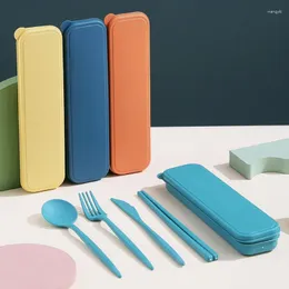 Dinnerware Sets 4In1 Wheat Straw Set Fork Spoon Knife Travel Picnic Camping With Case Eco Friendly Portable Tableware Cutlery
