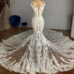 Vestido de Noiva Transparente de Renda Arabia para Mulheres com Decote Transparente e Sexy Longo Sereia Vestidos de Noiva vestidos273k