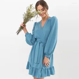 Casual Dresses Shyloli Women Dot Ruffles A-line Belt Dress V-neck Lantern Long Sleeve Mini Blue 2023 Fanshion Autumn