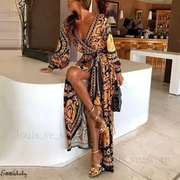 New Vintage split gold Christmas dress Women winter elegant print maxi dress long sleeve Autumn loose party boho sexy T230808