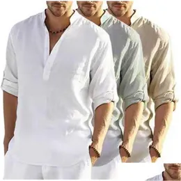 Men'S Casual Shirts 2023 Mens Top Linen Long Sleeve Shirt Loose T-Shirt Solid Color Cotton Men Plus Size Drop Delivery Apparel Clothi Dh0Gl