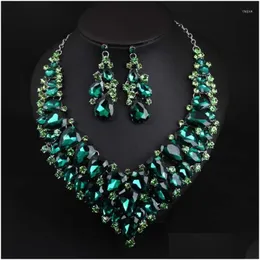 Earrings Necklace Set Big Luxury Green Water Drop Crystal For Women Bridal Dubai African Womens Jewellery Gift Delivery Jew Dhgarden Dhakg