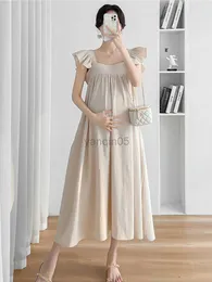 Umstandskleider CARECODE Vinatge Sommer Loses Langes Umstandskleid Chic Eleganter Quadratischer Kragen Fliegende Ärmel Rüschen Plus Size Baumwollleinenkleid HKD230808