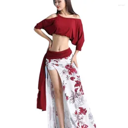 Scene Wear Dance Belly Dancer Girl Suit kjol Modal Oriental Performance Clothing Kortärmad topp naken sexig split länge