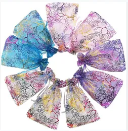 100Pcs Mix Color7*9cm/2.76*3.54in Organza Gift Bags with Drawstring Jewelry Favor Pouches with Coralline Printing for Gift, Wedding, Party, Festival, Birthday