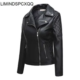 여성용 가죽 가짜 가을 가을 여성 PU 여성 Faux Leather Jacket 2023 패션 영국 스타일 코트 옷 격자 가위 캐주얼 긴 슬리브 상단 슬림 한 슬림 hkd230808