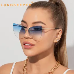 Solglasögon Longkeeper Fashion Rimless Oversize Cat Eye Women 2023 Vintage Luxury Retro Metal Frameless Eyeglasses UV400