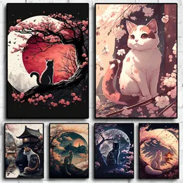 Cats Cherry Blossom Canvas Painting Wall Art Animals Japan Style Posters and Prints Abstract Art Lovely Cats Pictures Kawaii Living Room Kids Room Decor Wo6