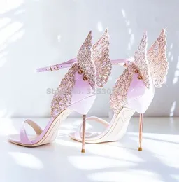 Pembe yüksek uç 289 kelebek kadın sandaletler metal stiletto topuk metalik kesim pompalar bling kristal ünlü düğün ayakkabıları 230807 lisans 565 lis