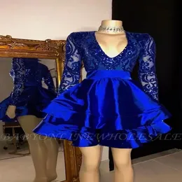 Vestido de Festa Curto com Lantejoulas Sexy Azul Royal Decote em V Mangas Compridas Vestido de Baile de Festa Plus Size Formal Com Borla217l