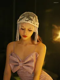 ヘッドピースMingli Tengda Bridal Tassel Hat Yarnヘビーハンドメイドスパンコールビーズクリスタルヘアオーナメントステージパフォーマンスダンスヘッドドレス